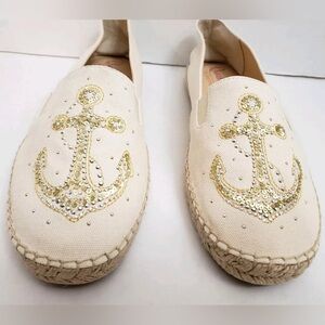 Preppy Quacker Factory Cream Espadrilles with Gold Anchor Design Size 10